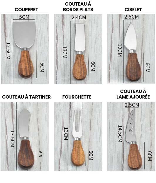 Ensemble de Couteaux à Fromage, Ensemble de 6 Couteaux à Fromage en Acier  Inoxydable et Spatule pour Fourchette à Fromage avec Manche en Bambou pour